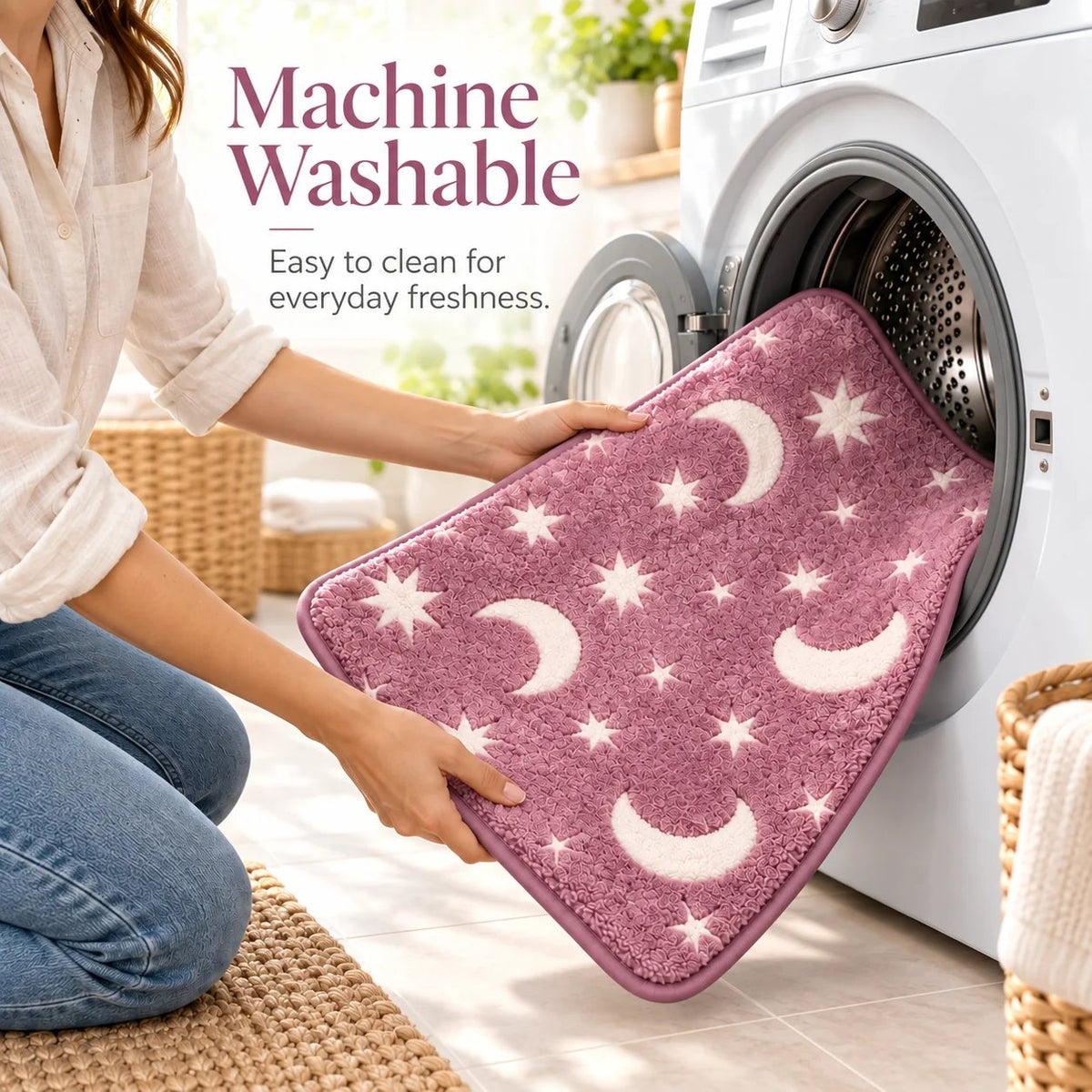 Glow-in-the-Dark Moon & Star Bath Mat Set – 3-Piece Plush Set