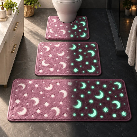 Glow-in-the-Dark Moon & Star Bath Mat Set – 3-Piece Plush Set