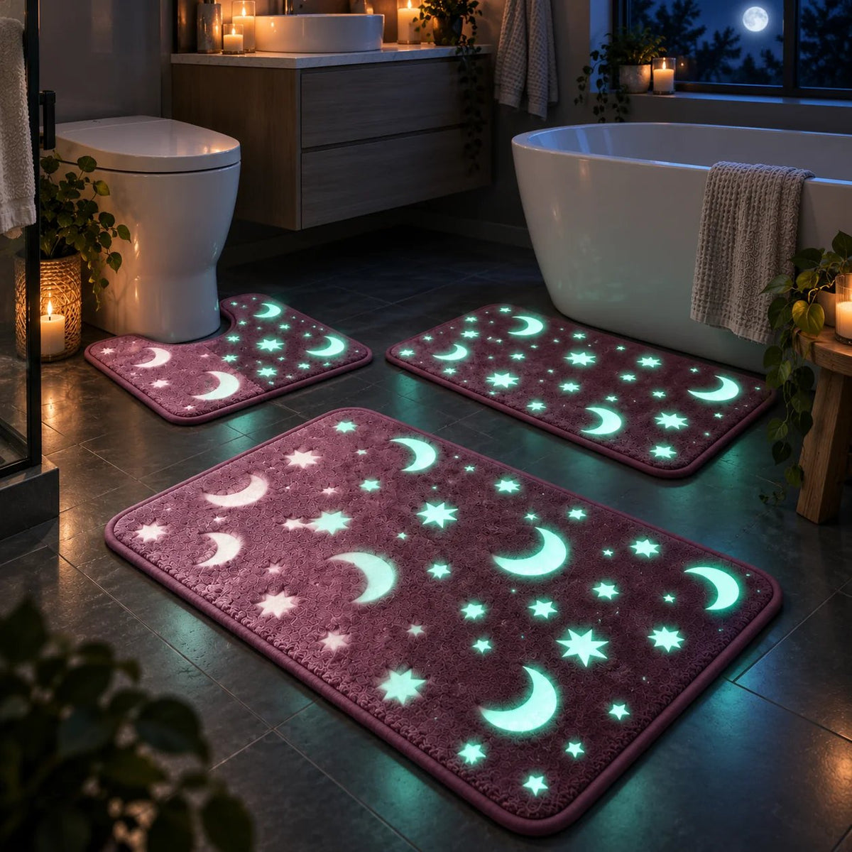 Glow-in-the-Dark Moon & Star Bath Mat Set – 3-Piece Plush Set