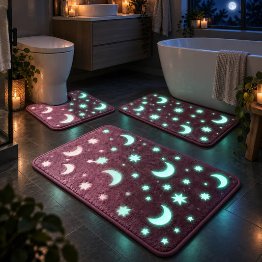 Glow-in-the-Dark Moon & Star Bath Mat Set – 3-Piece Plush Set