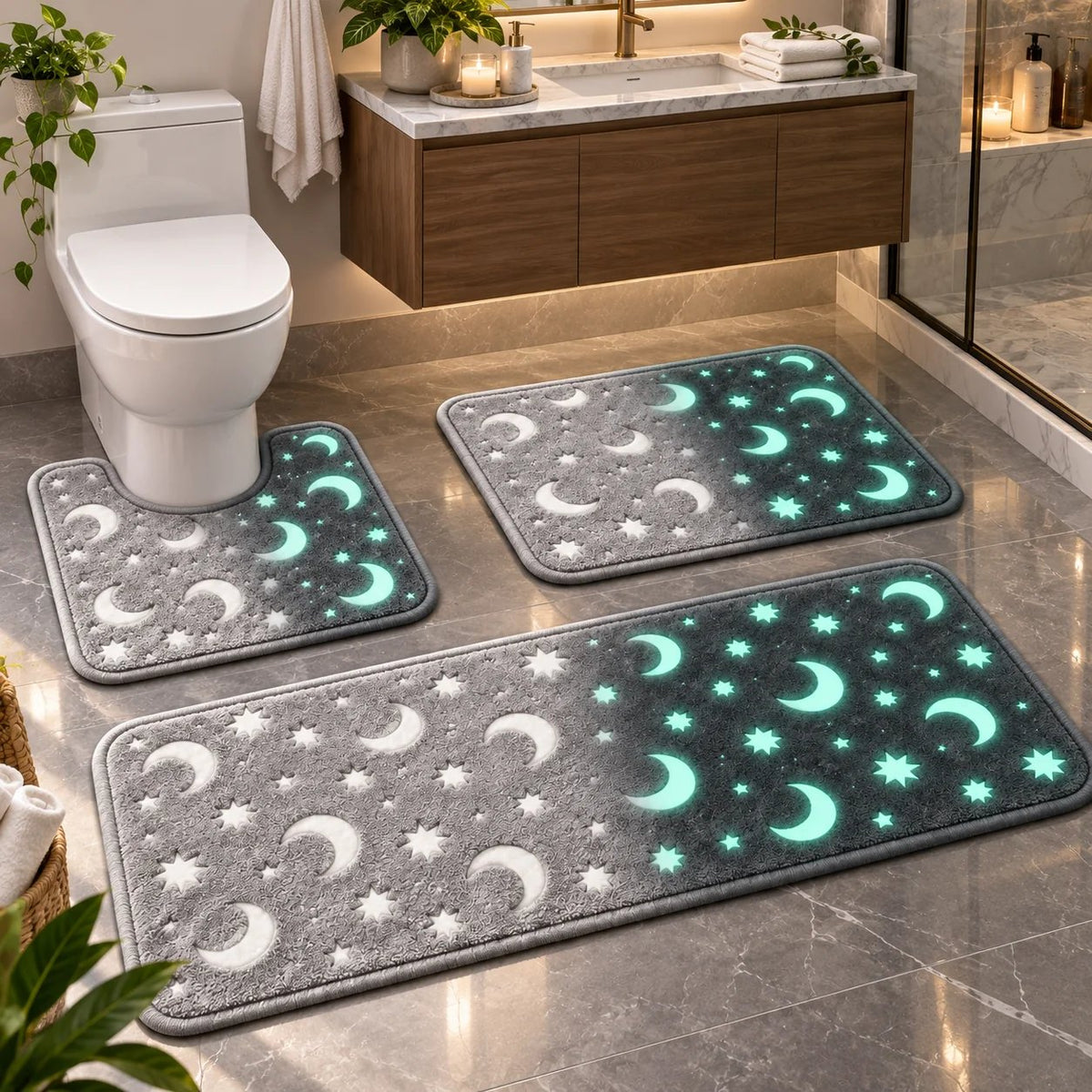 Glow-in-the-Dark Moon & Star Bath Mat Set – 3-Piece Plush Set