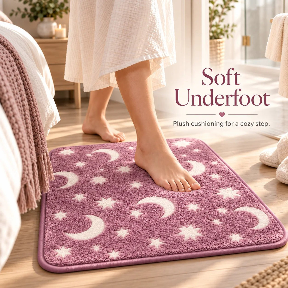 Glow-in-the-Dark Moon & Star Bath Mat Set – 3-Piece Plush Set