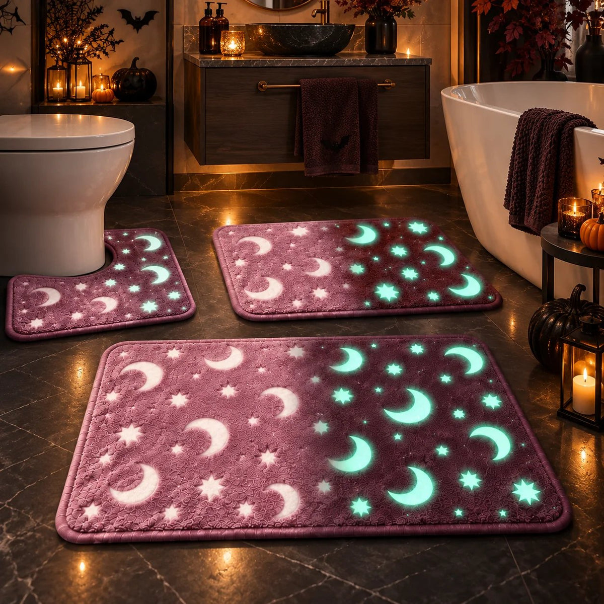 Glow-in-the-Dark Moon & Star Bath Mat Set – 3-Piece Plush Set