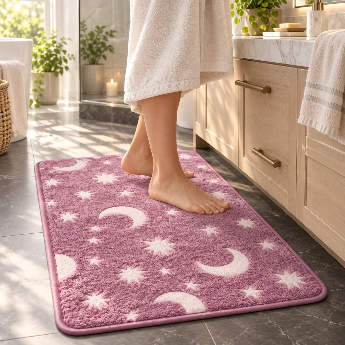 Glow-in-the-Dark Moon & Star Bath Mat Set – 3-Piece Plush Set