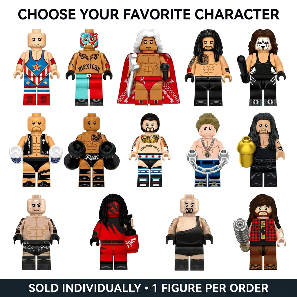 Fourteen wrestling-inspired brick-style mini figure characters on a white background, sold individually with one selected figure per order.